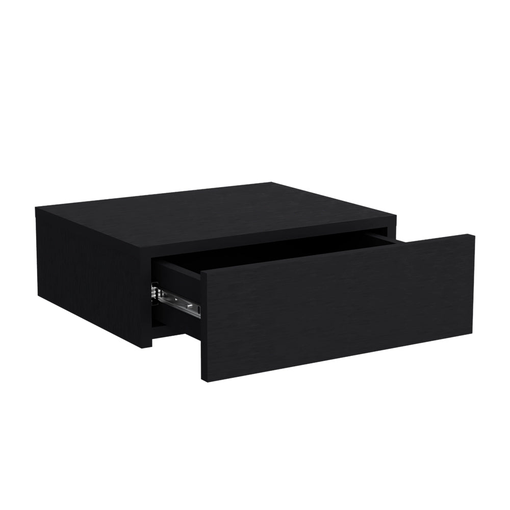 Black floating nightstand with open drawer and metal slides