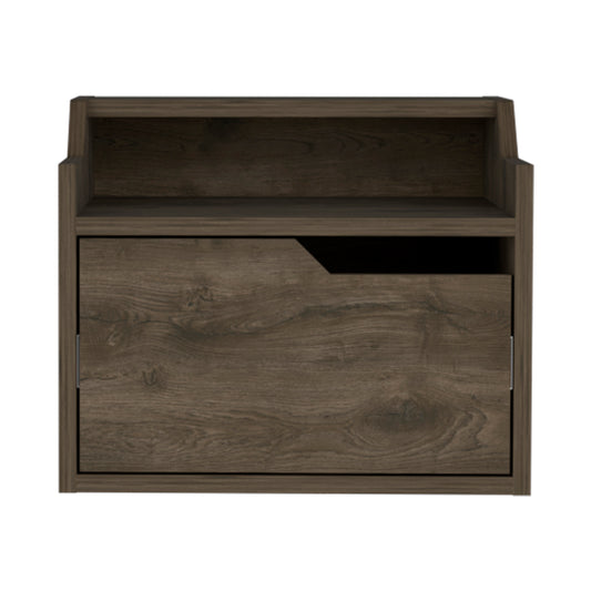 Dark wood bedside table with a single drawer and open shelf