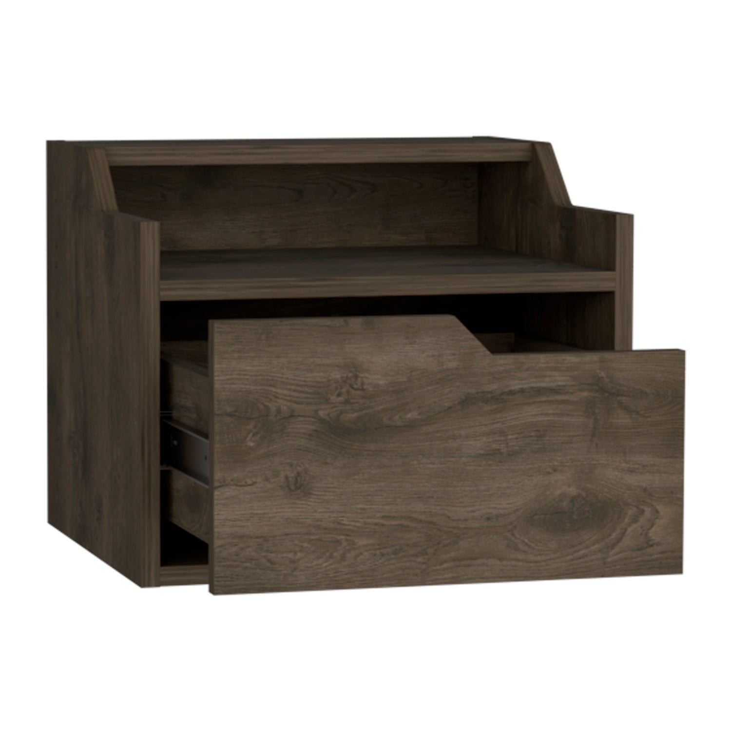 Dark wood bedside table with open drawer and one shelf for bedroom storage