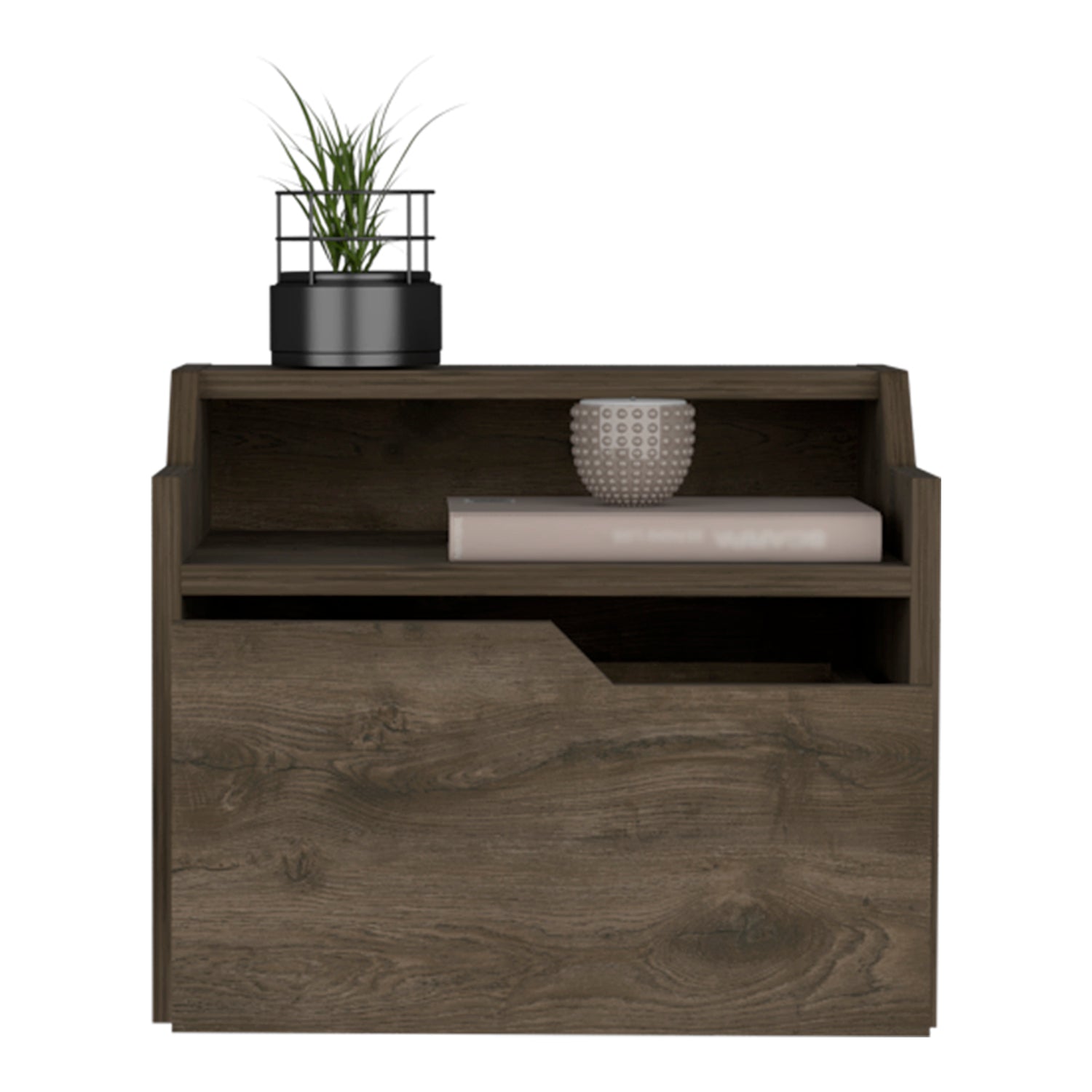 Dark brown wood grain nightstand with open shelf and drawer modern bedroom furniture