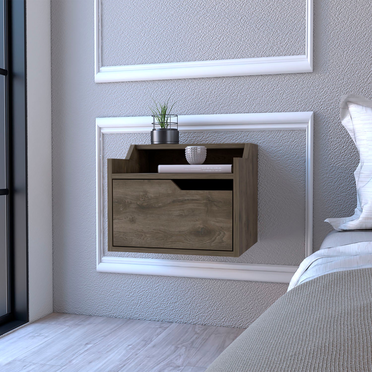 Floating nightstand with dark wood finish and single drawer