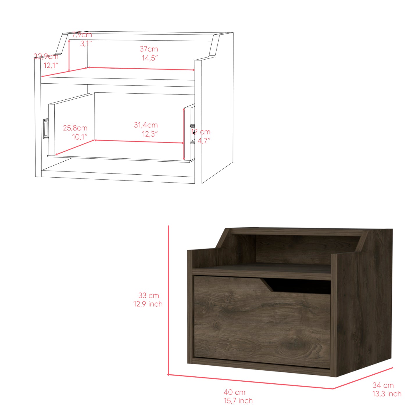 Dark wood nightstand with single drawer and open shelf