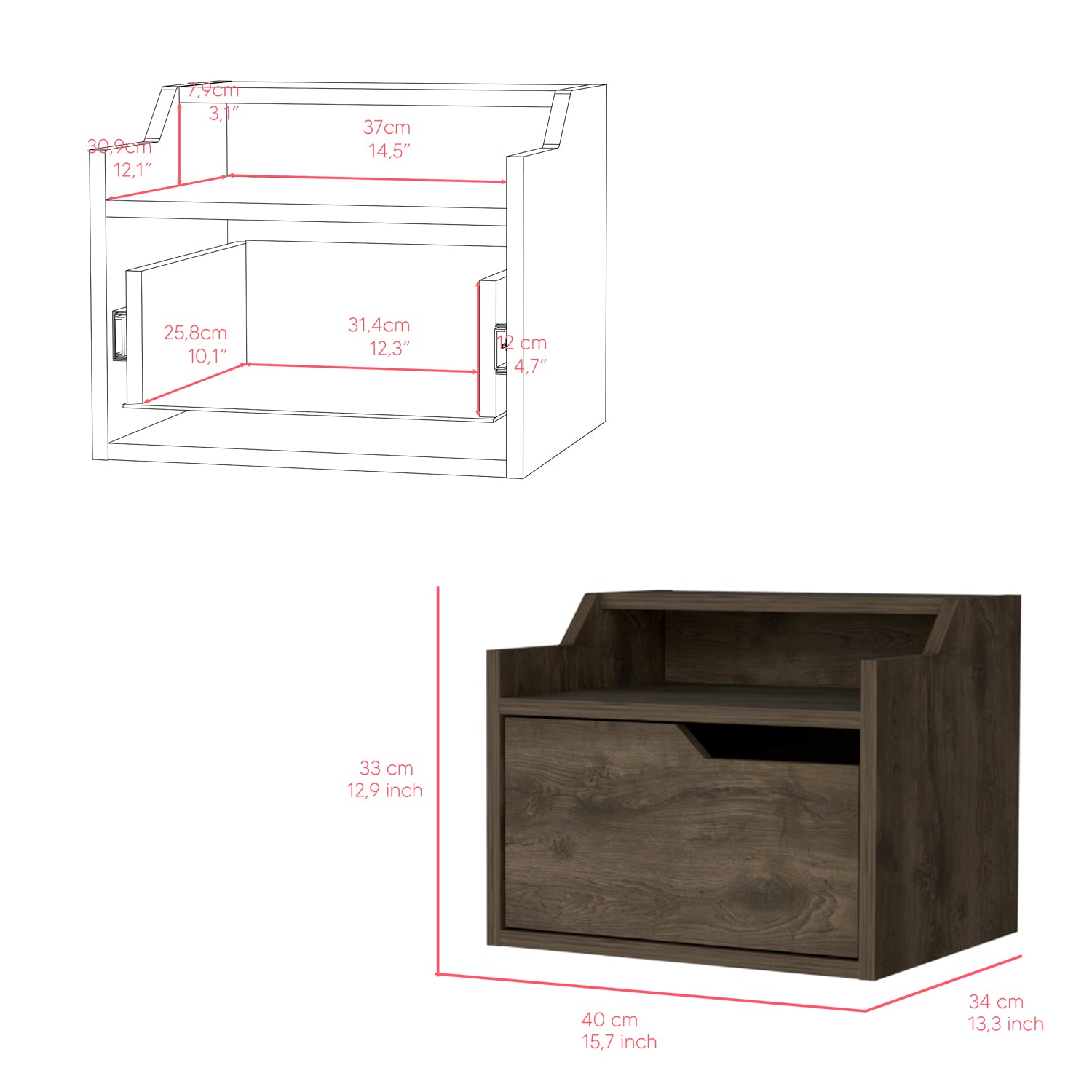 Dark wood nightstand with single drawer and open shelf
