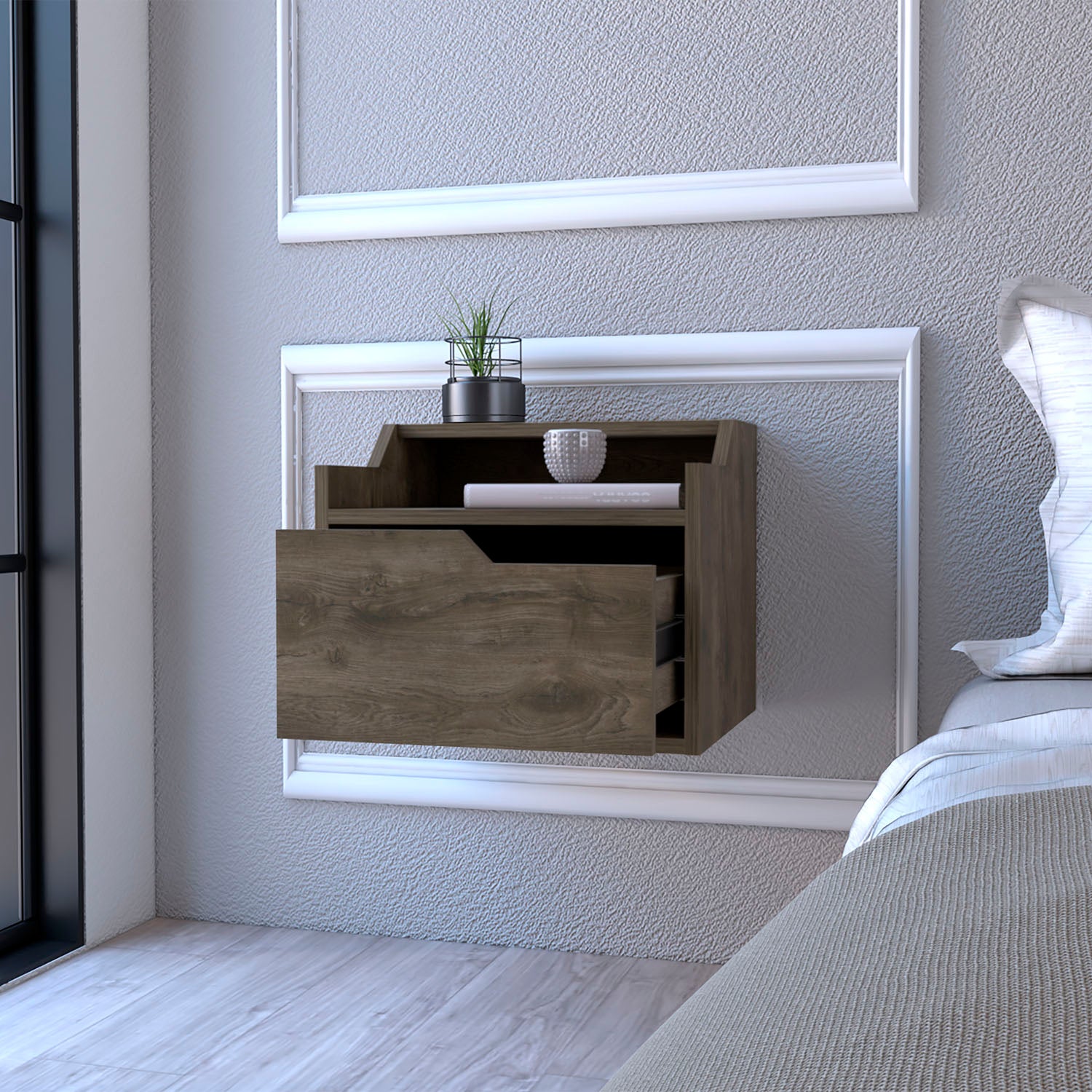 Floating nightstand with wood grain finish and two drawers mounted on textured wall