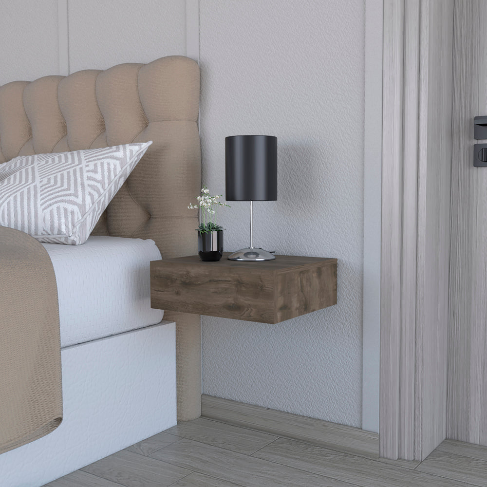 Floating bedside table with rustic wood finish perfect for small spaces