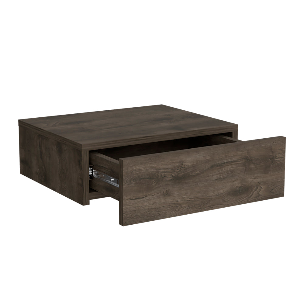 Dark oak floating nightstand with one open drawer showing metal drawer slides