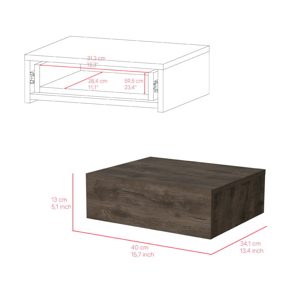 Dark wood floating shelf with open compartment cm width