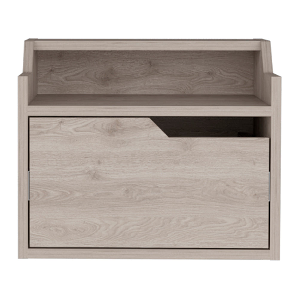Light oak veneer bedside table with one drawer and open shelf