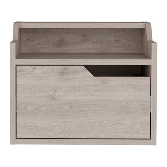 Light oak veneer bedside table with one drawer and open shelf