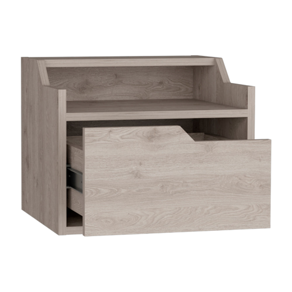 Light oak veneer bedside table with one open shelf and a pullout drawer