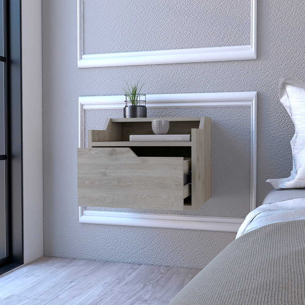 Floating nightstand with two drawers in light wood grain finish modern minimalist design