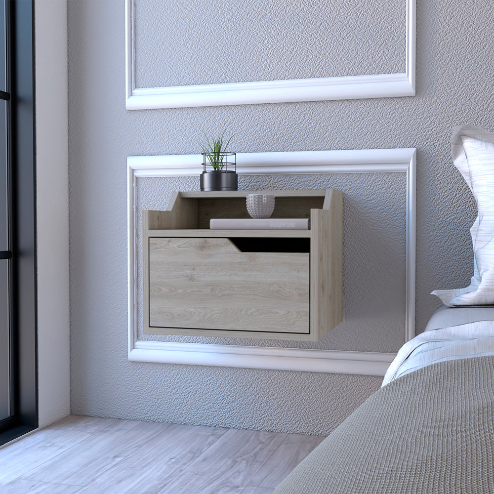 Modern floating nightstand with wood grain drawer and open shelf