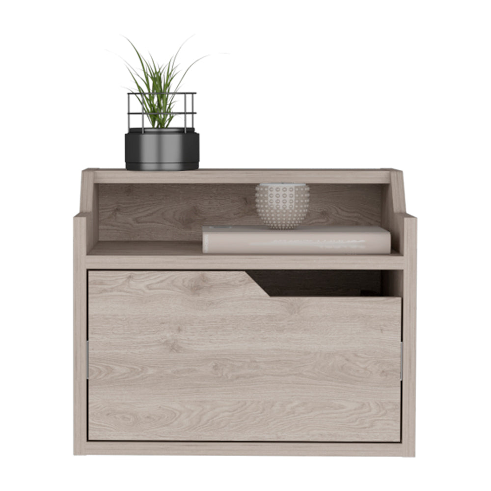 Light oak veneer nightstand with open shelf and modern drawer