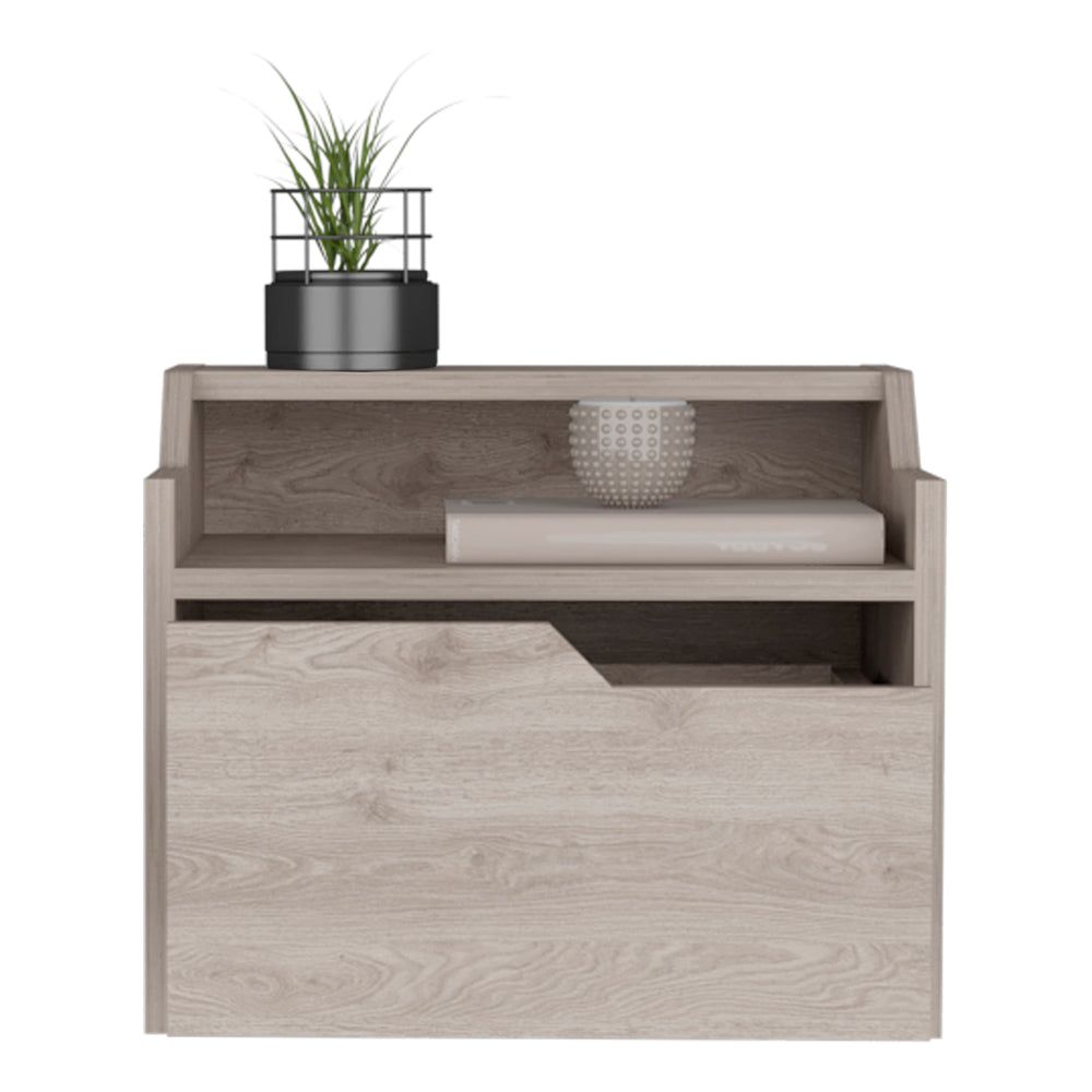 Modern oak wood bedside table with one drawer and open shelf