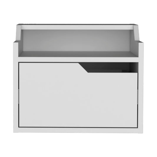 Modern white floating shelf with single drawer for minimalist storage solutions