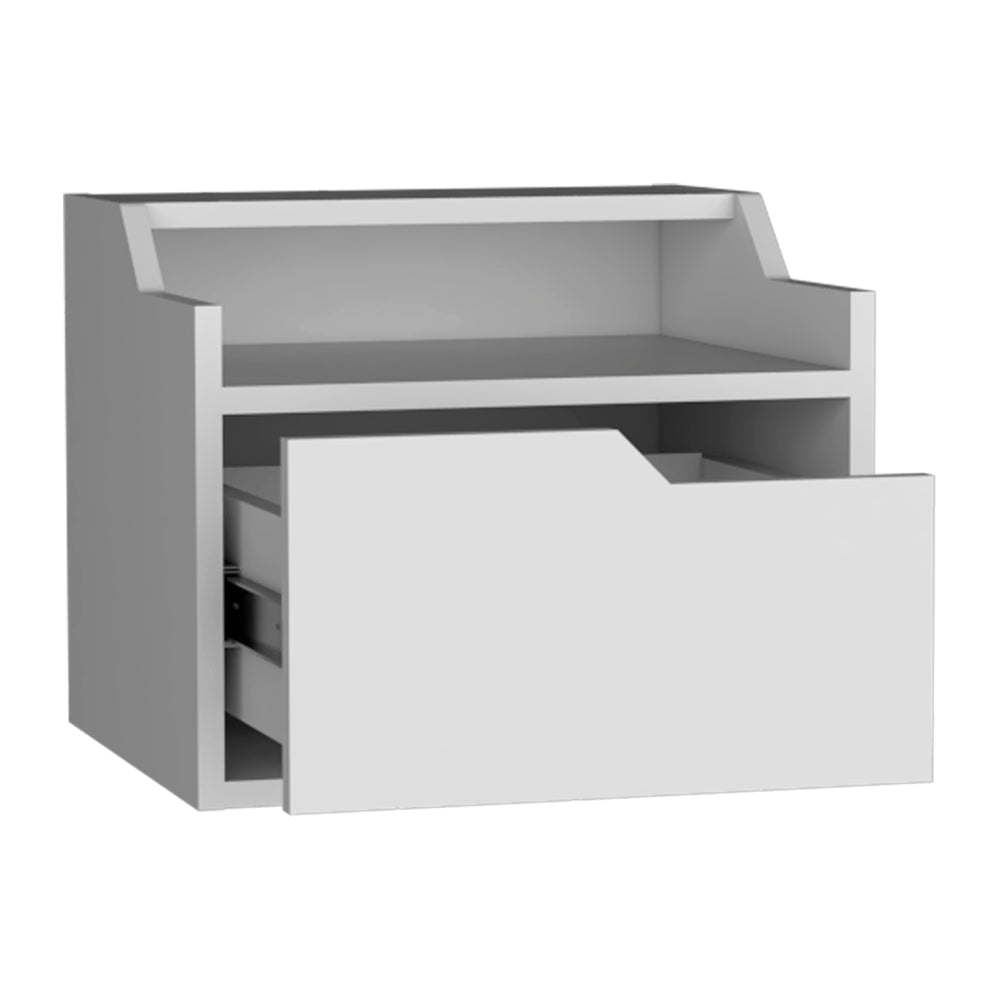 White modern nightstand with open drawer revealing storage shelves