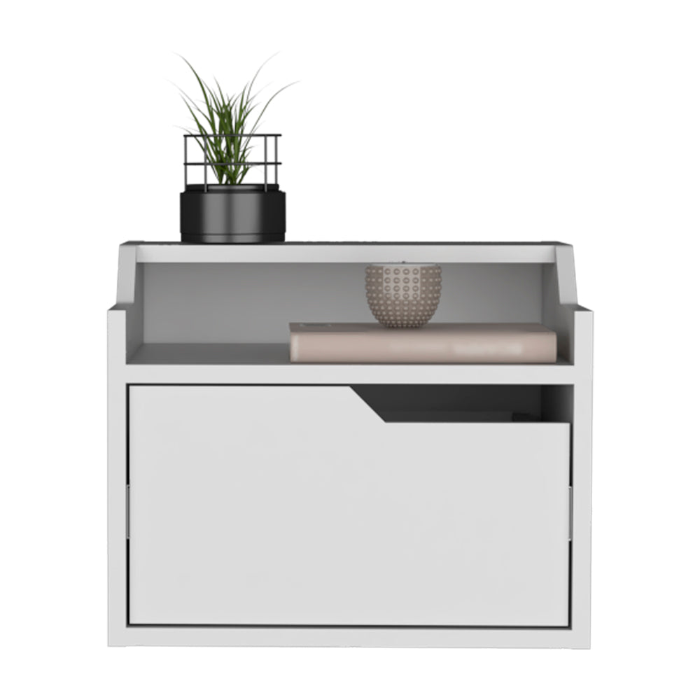 Modern white bedside table with one drawer and open shelf perfect for small bedrooms