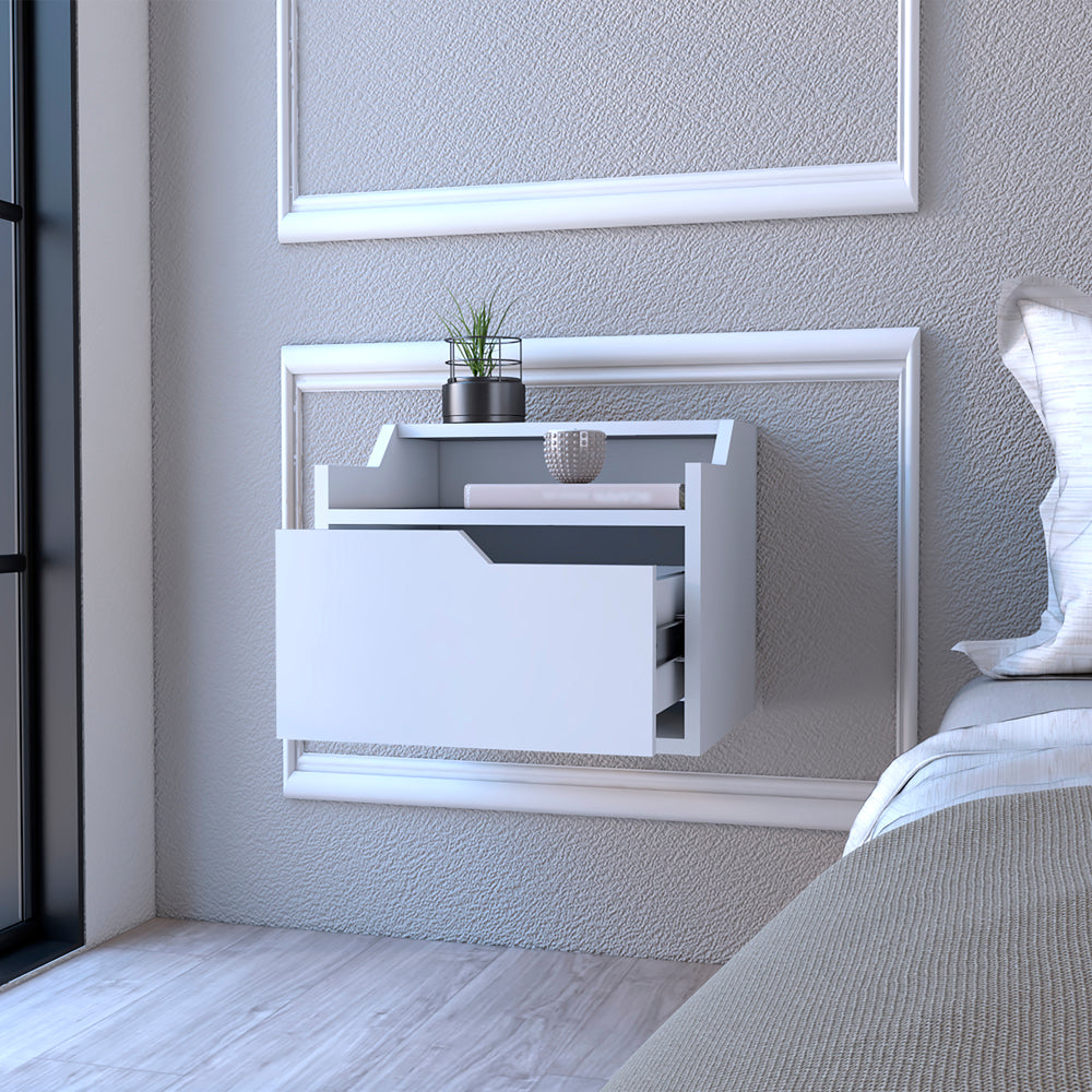 Modern white wall mounted bedside table with drawer and open shelf