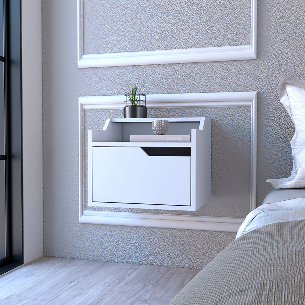 White floating nightstand with minimalist drawer and shelf ideal for modern bedrooms
