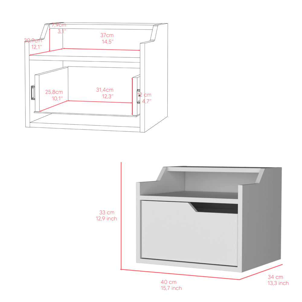 White bedside table with one drawer and open shelf cm width