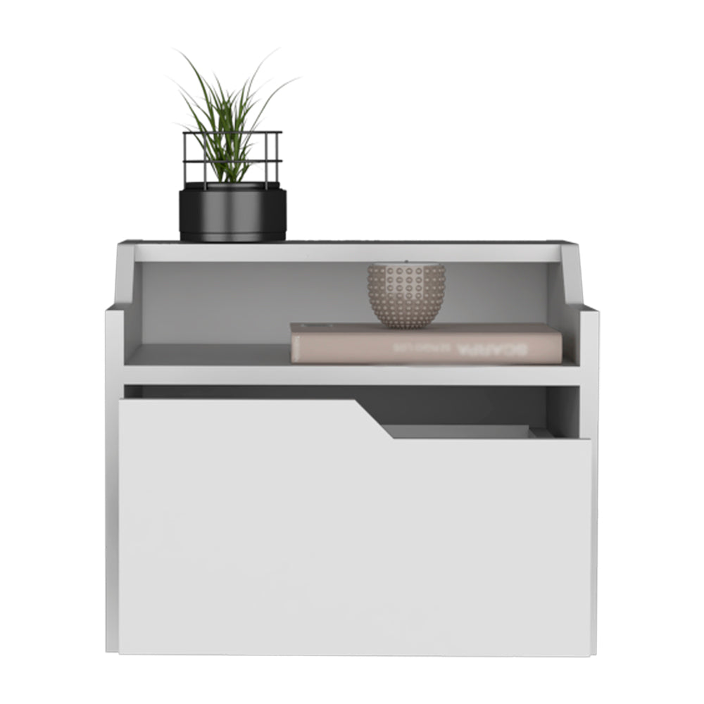 Modern white nightstand with a drawer and shelf featuring decorative accents