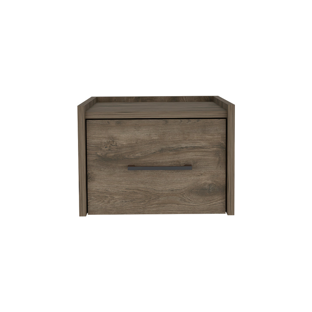Modern oak veneer nightstand with a single drawer and dark metal handle