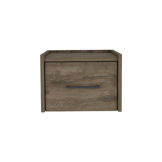 Modern oak veneer nightstand with a single drawer and dark metal handle