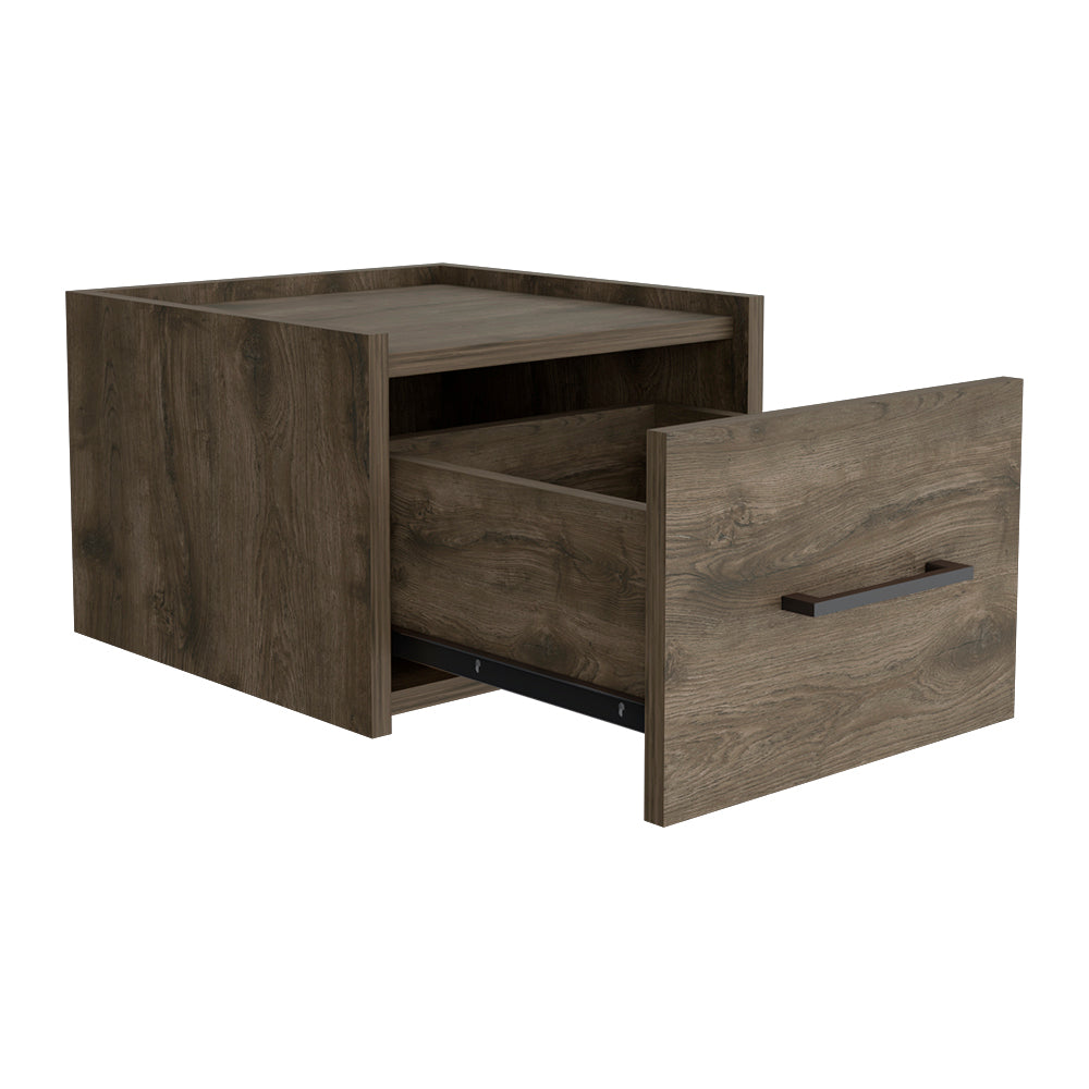 Modern brown wood filing cabinet with open drawer and metal pull handle