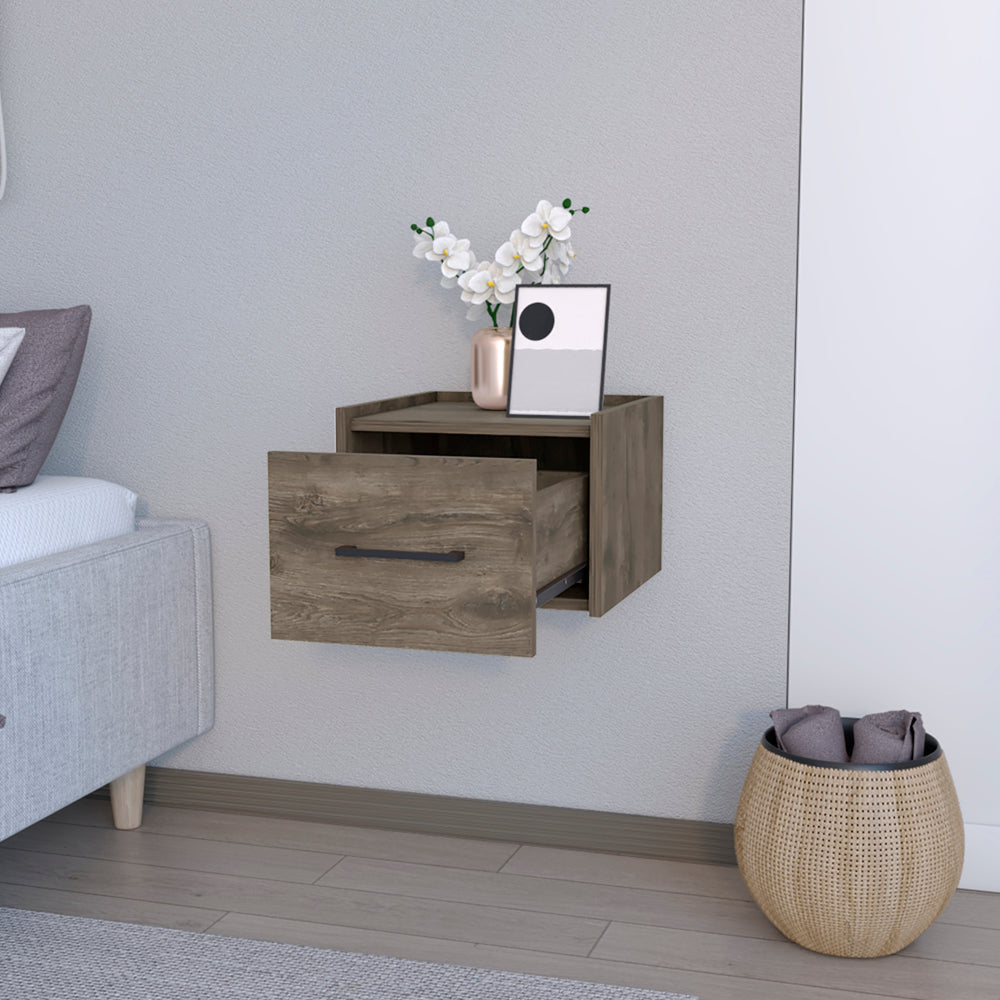 Modern gray wood floating nightstand with open drawer and black pull