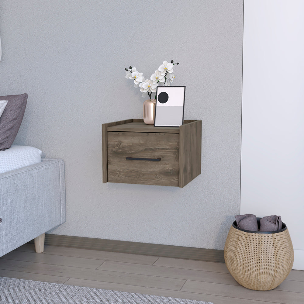 Modern floating nightstand with dark wood grain and black drawer pull