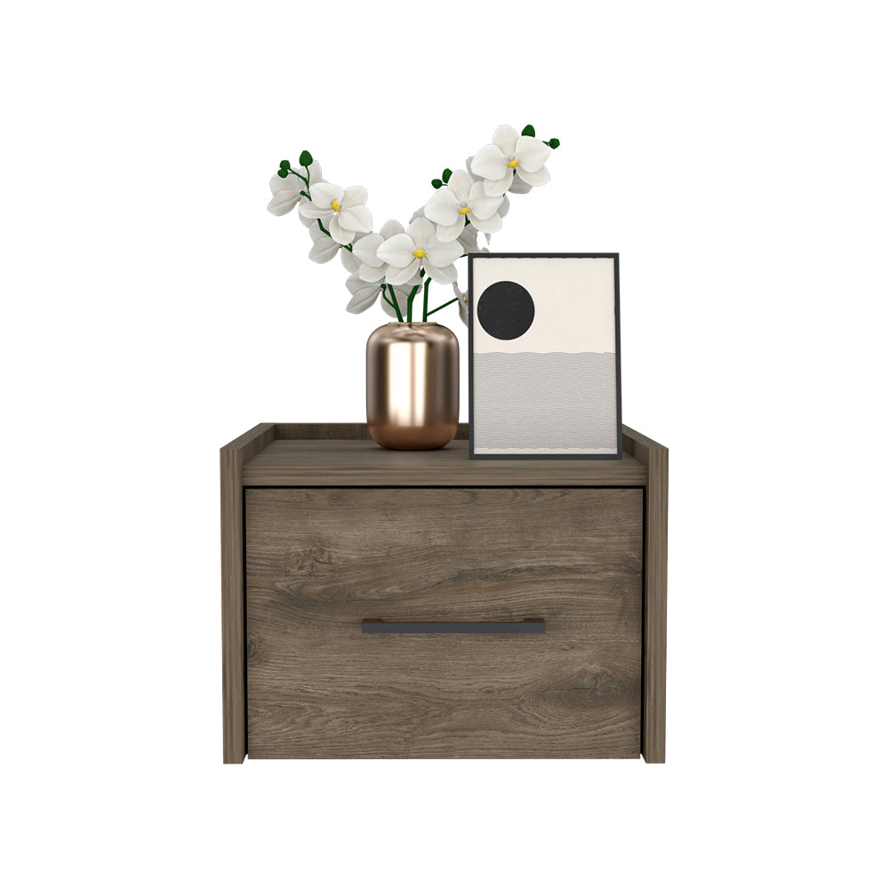 Wooden bedside table with one drawer and modern metallic handle