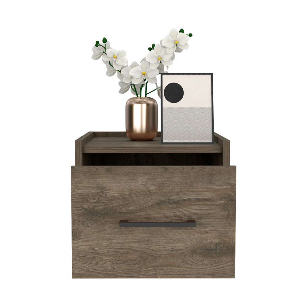 Rustic oak veneer bedside table with a single drawer and open shelf