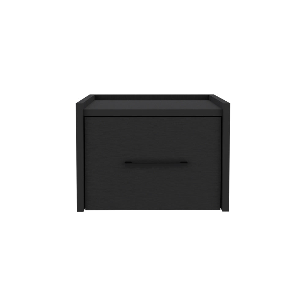 Black wood grain nightstand with one drawer and minimalist hardware