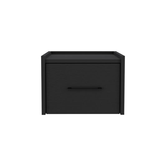 Black wood grain nightstand with one drawer and minimalist hardware