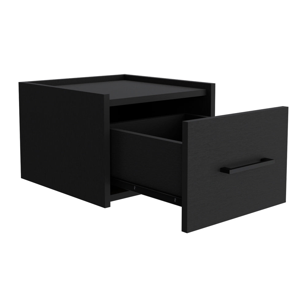 Black modern nightstand with one open drawer and metal handle