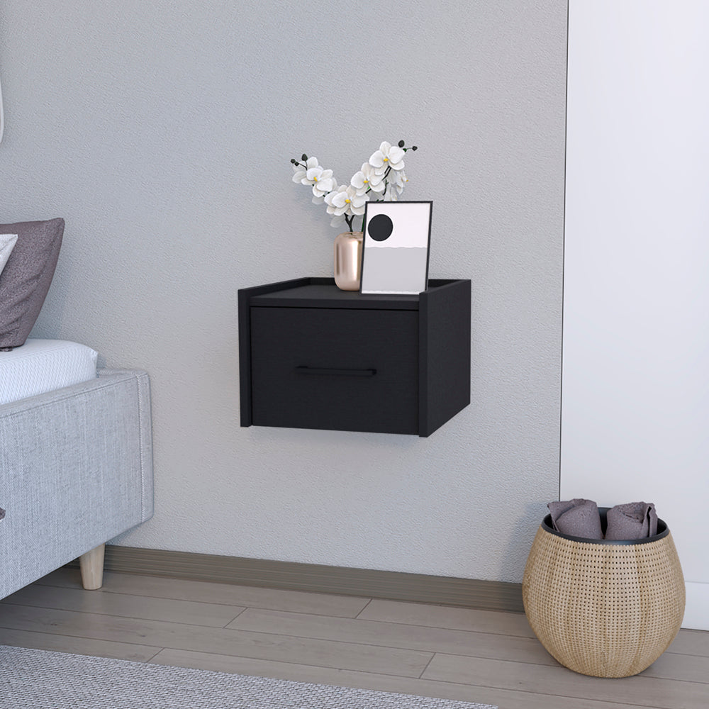 Black floating nightstand with drawer and brushed nickel handle
