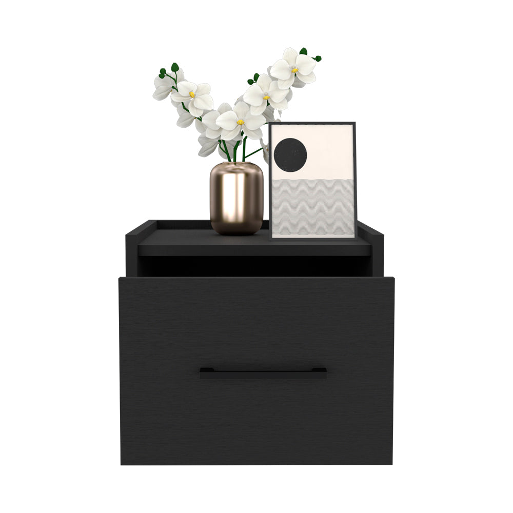 Modern black wall mounted nightstand with open shelf and single drawer
