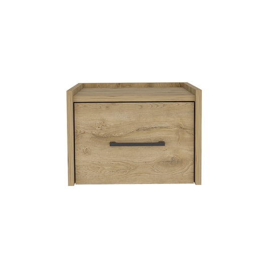 Modern oak veneer bedside table with single drawer and dark metal handle