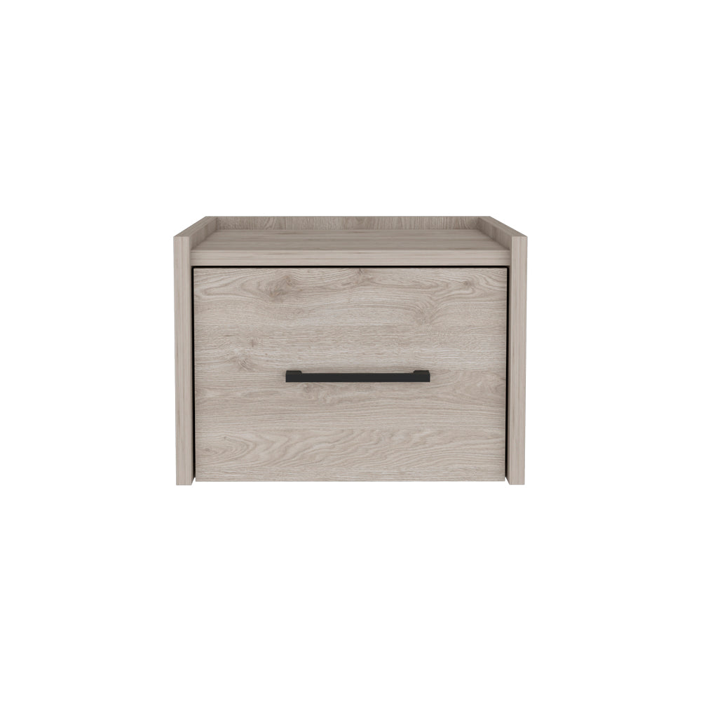 Light wood bedside table with one drawer and black handle