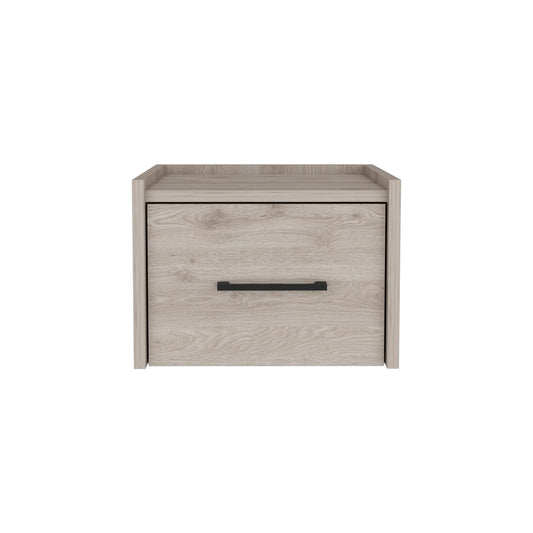 Light wood bedside table with one drawer and black handle