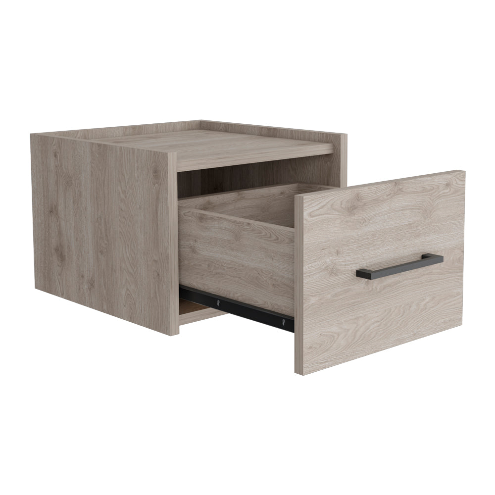 Modern light oak bedside table with one open drawer and black handle