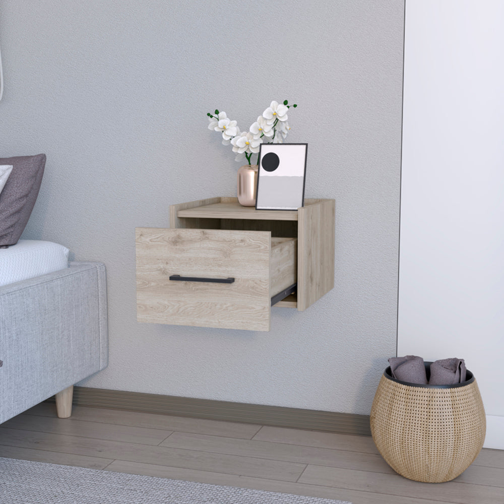 Light oak floating nightstand with one drawer and open shelf modern bedroom decor