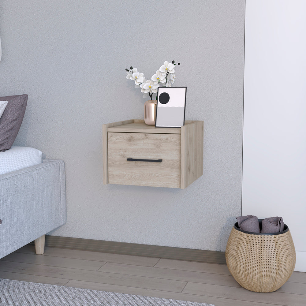 Light oak floating nightstand with one drawer and black handle