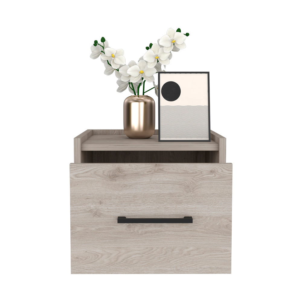 Modern wooden nightstand with a single drawer and black handle