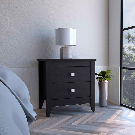 Dark wood twodrawer nightstand with silver square knobs and white lamp