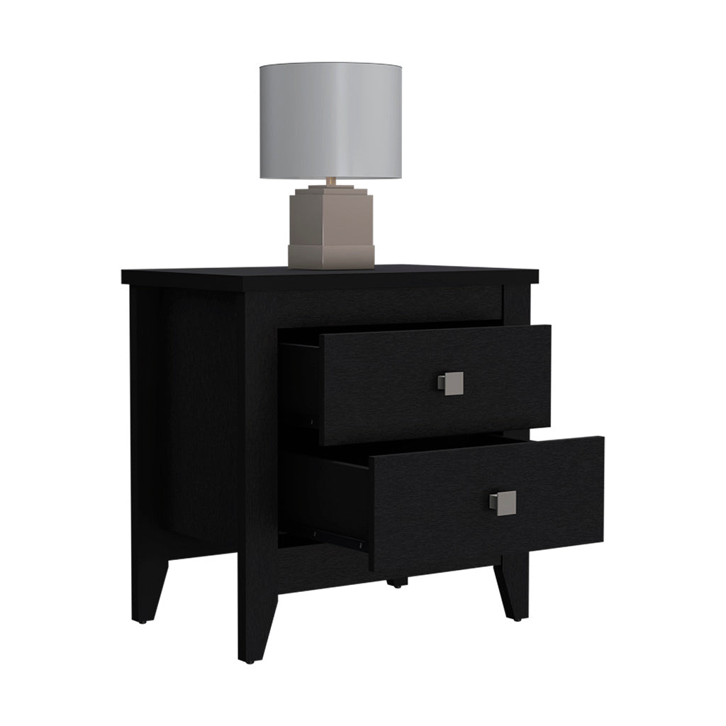 Modern black wood nightstand with two drawers and silver hardware
