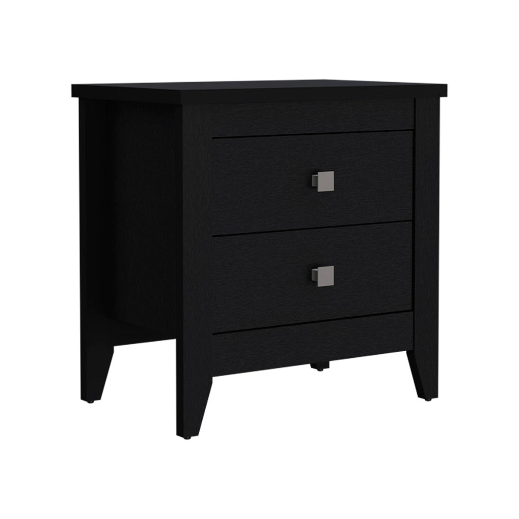 Black wooden nightstand with two drawers and brushed nickel square knobs