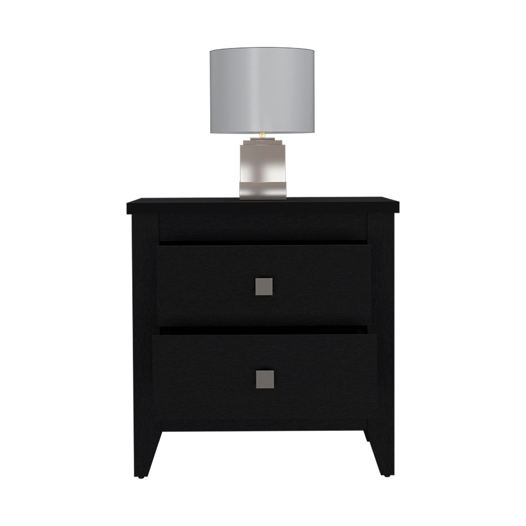 Black modern nightstand with two drawers and a silver square knob featuring a glass table lamp
