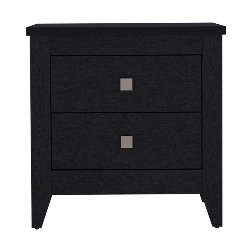 Modern black bedside table with two drawers and silver square handles