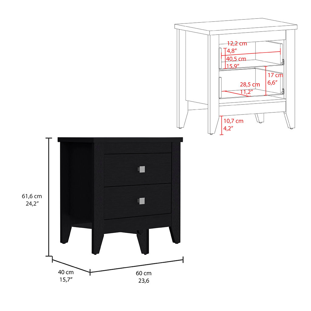 Black wooden nightstand with two drawers and silver handles